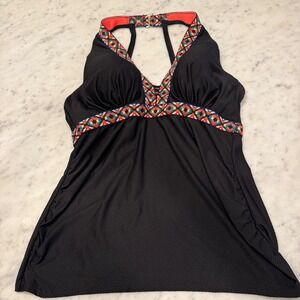Cacique Swim Black Embroidered Trim Halter Tankini Top Underwire 40DD